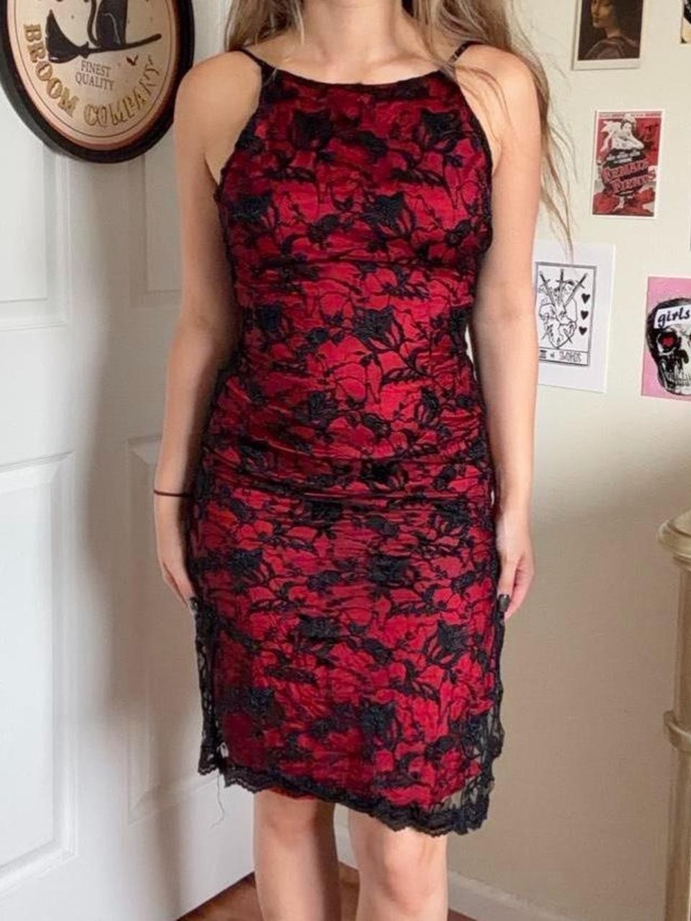 Red Lace Bodycon Dress with Black Floral Overlay